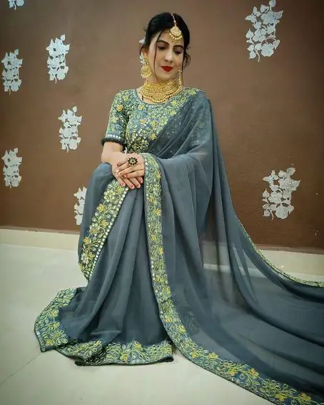 Gray Heavy Georgette Mirror Work Saree