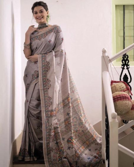 Gray Madhubani Print Tussar Silk Saree