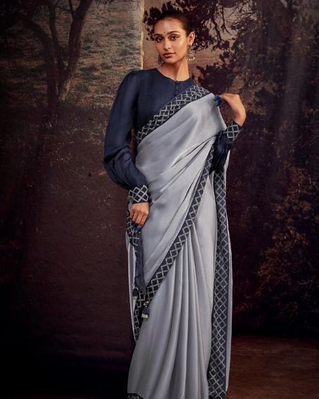 Gray Plain Classic Saree With Bluish Gray Blouse