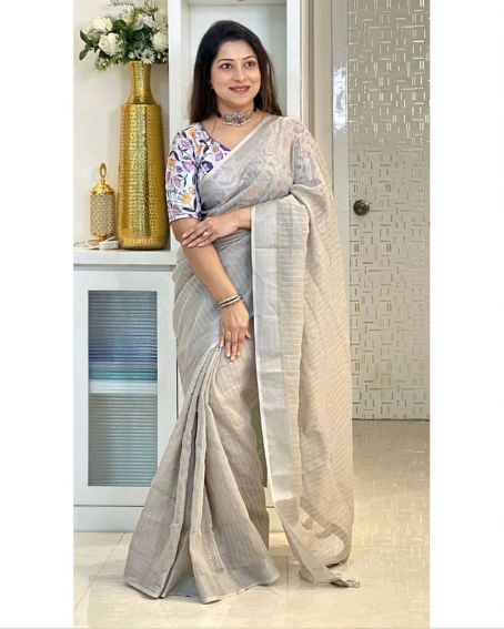 Gray Saree Stripes Linen Saree with Floral Blouse Design