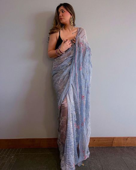 Gray Silk Tissue Saree with All-Over Embroidery in Sparkling Sequins