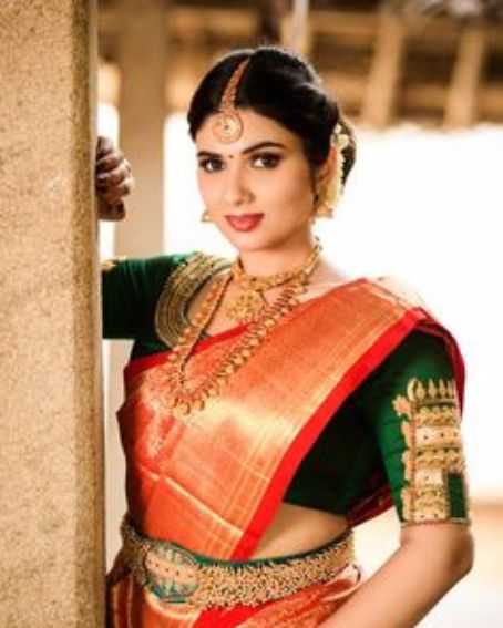 Green Blouse With Temple Design On Sleeves For Talambralu Ceremony