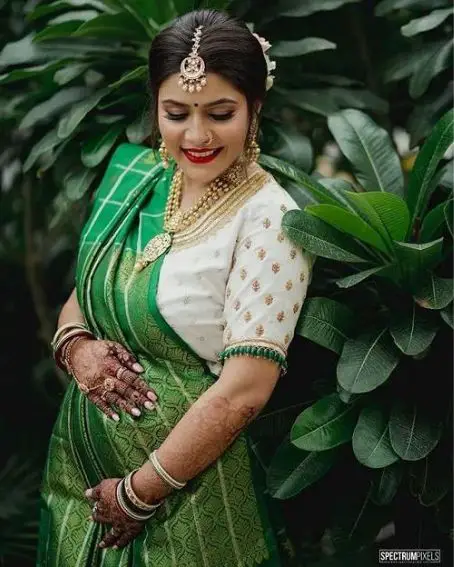 Green Checks Saree With White Printed Blouse Outfit For Baby Shower