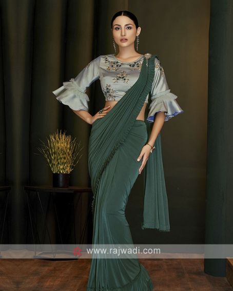 Green Lycra Ready Pleated Saree With Gray Saree