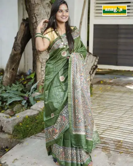 Green Madhubani Art Saree