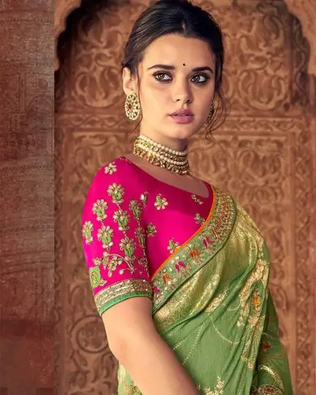 Green & Pink Banarasi Silk Saree With Embroidered Blouse