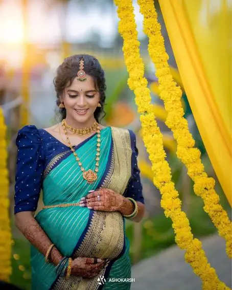 Green Saree With Navy Blue Kutchu Blouse Design