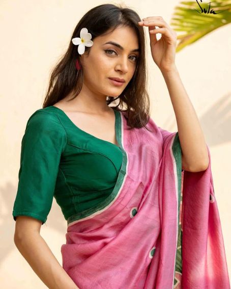 Green Silk Elbow Sleeve Blouse With Sweetheart Neckline