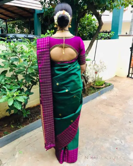 Green Soft Silk Saree with Purple Blouse Design