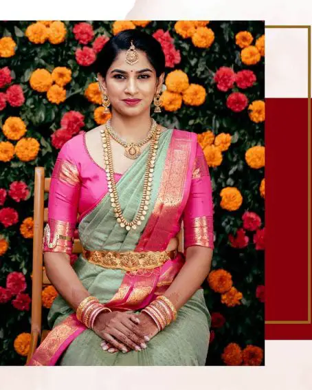 Green Wedding Saree With Pink Blouse