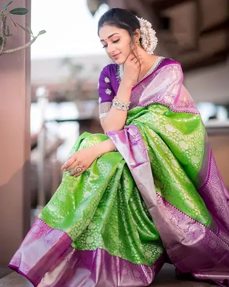 Green Wedding Silk Saree With Purple Colored Blouse For Bride