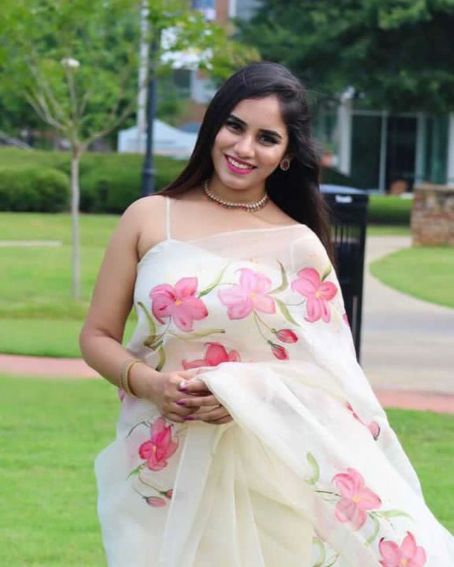 Hand-painted Dull Ivory Organza Saree with Lilies