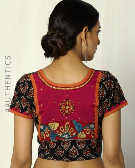 Handblock Print Cotton Blouse With Hand-painted Kalamkari