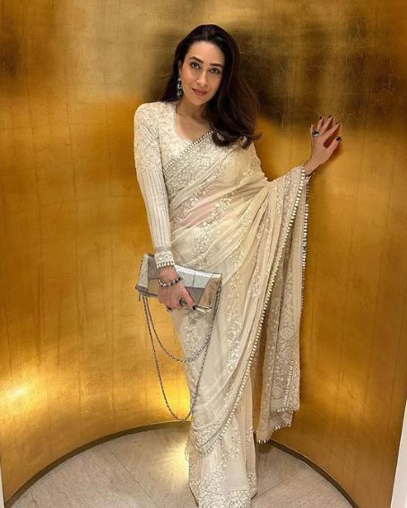 Hand-Embroidered Thread Art Chiffon Saree Worn by Karishma Kapoor