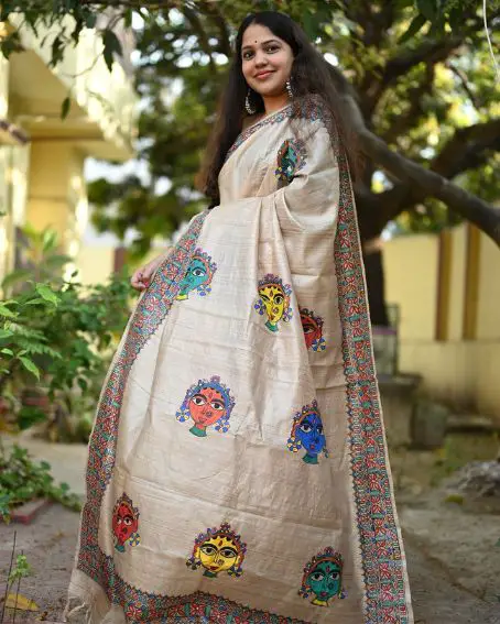 Hand Painted Durga Face Motif Madhubani Tussar Silk Saree