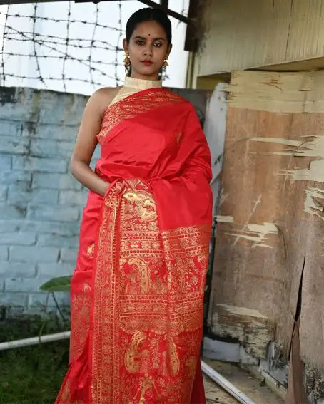 Handpainted Madhubani Red Bangalore Silk Saree With Golden work