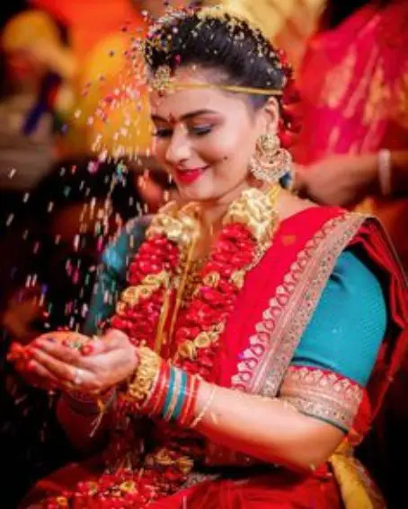 Indian Talambralu Blue Blouse With Red Saree