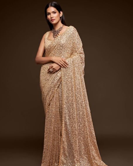 Ivory Fully Sequined Georgette Party Wear Saree