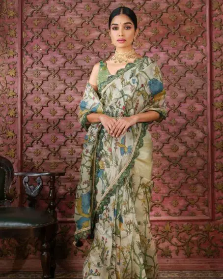 Ivory Kalamkari Silk Saree With Hand Painted Blouse