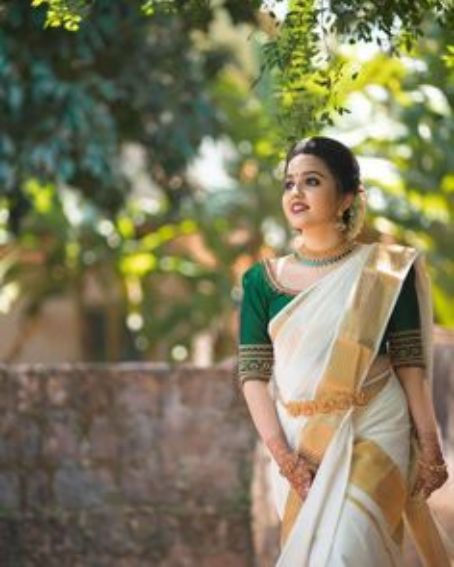 Kerala Saree with Green Blouse with Work
