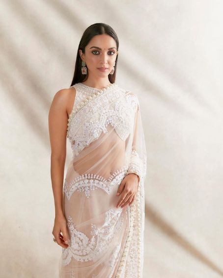 Kiara Advani in White Chikankari and Pearl Saree