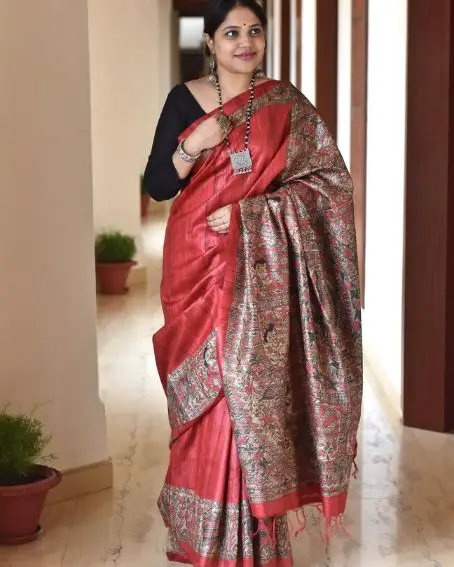 Laal Mayuri Hand Painted Madhubani Ghicha Silk Saree