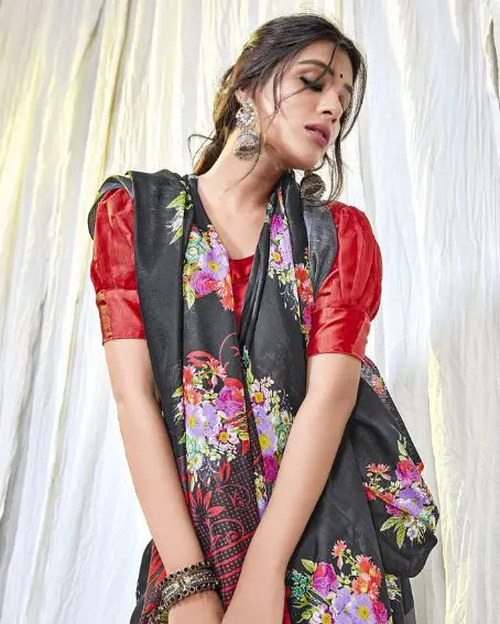 Latest Designer Black Saree With Red Blouse