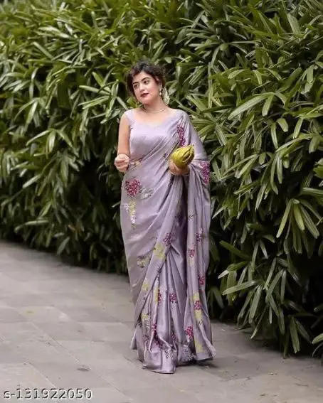 Latest Gray Color Satin Silk Saree With Blouse