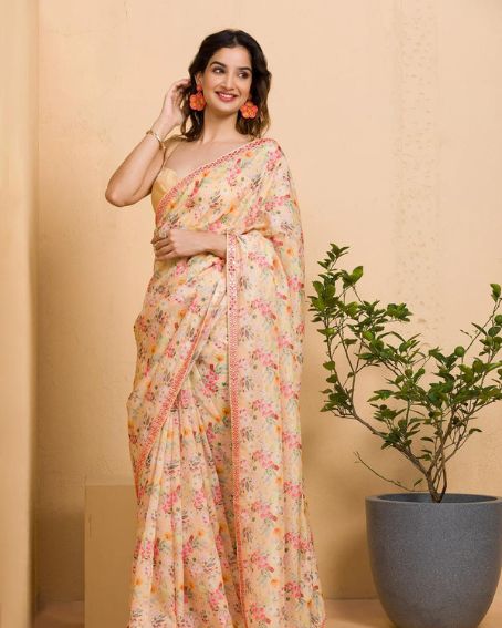 Lemon Yellow Floral Printed Organza Designer Saree