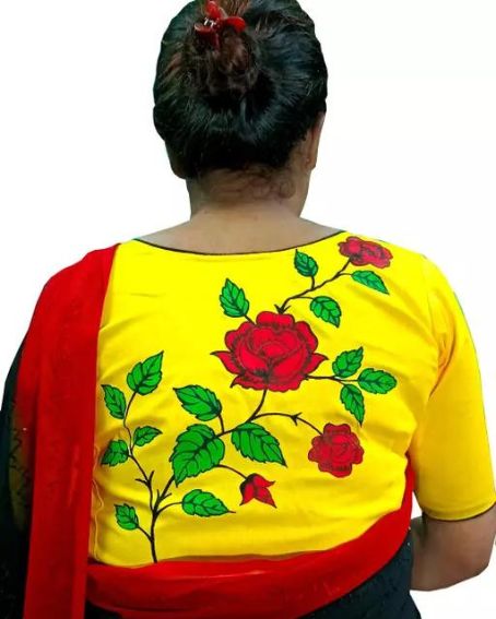Lemon Yellow HAnd Painted Red Rose Screen Print Cotton Blouse