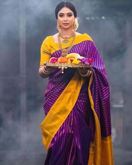 Lichi Silk Weaving Work With Gold Zari Waving Saree For Pooja