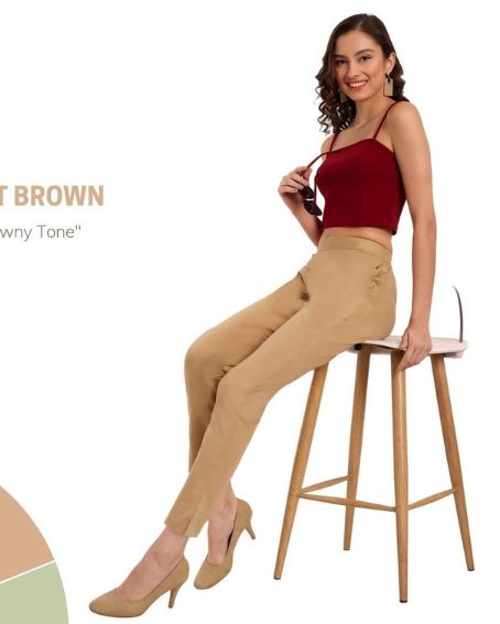 Light Brown Stretchable Cotton Pants For Women