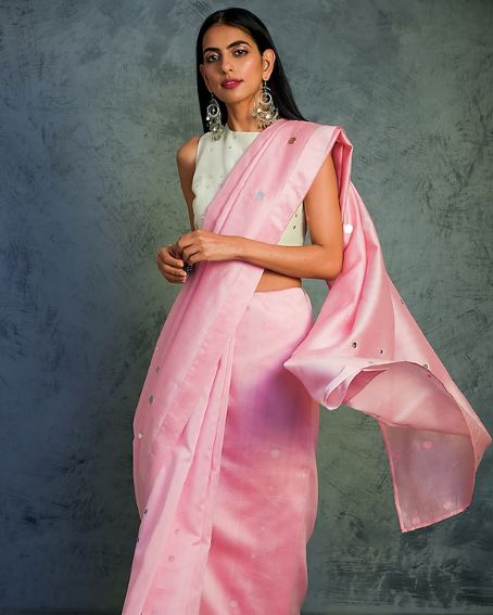 Light Pink Embroidered Saree With Off White Blouse