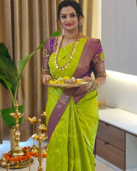 Lime Green Saree With Purple Blouse Design