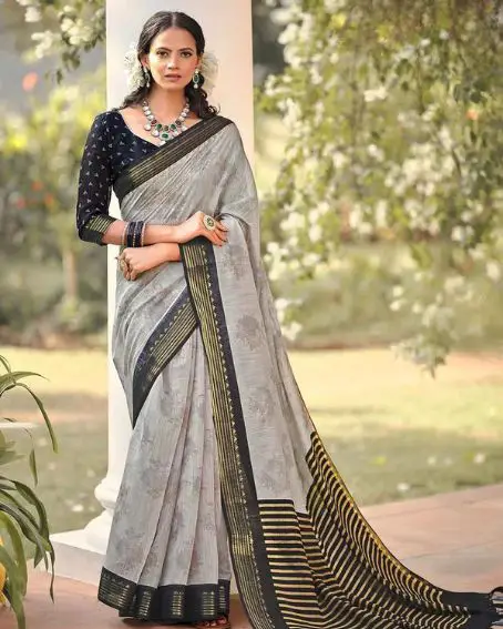 Linen Gray Saree with Black Blouse