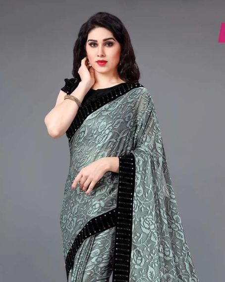 Lycra Saree Online Gray Green Black