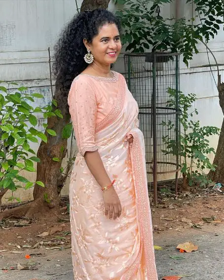 Machine Embroidered Peach Colour Saree With Embroidered Blouse