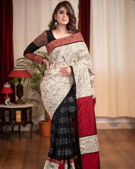 Madhubani Printed Cotton Linen Saree