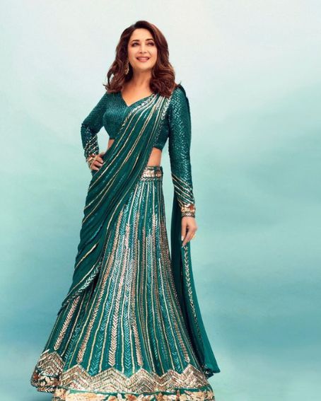 Madhuri Dixit Nene in Bottle Green Saree - Looking Elegant