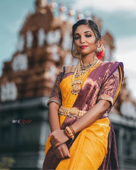 Mango Yellow Kanchipuram Wedding Silk Saree in Contrast Violet Border