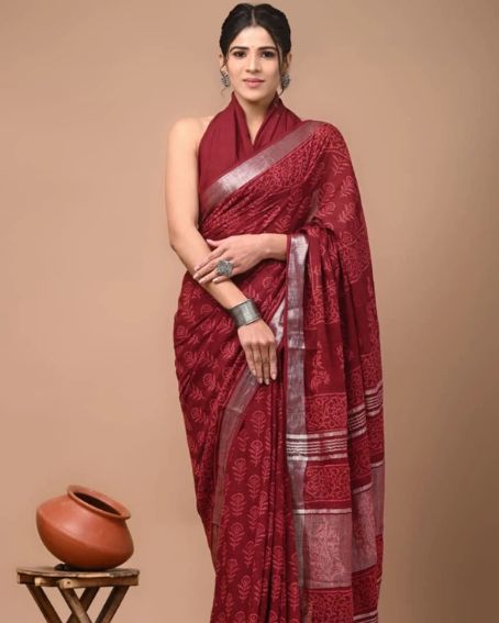 Maroon Beautiful Hand Block Printed Cotton Linen Saree