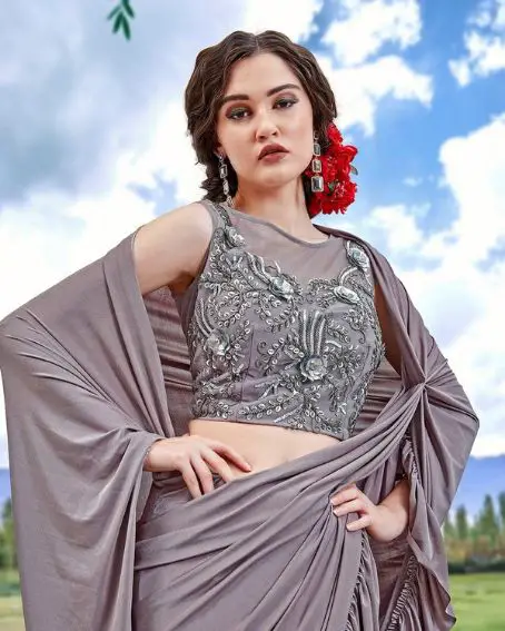 Metal Gray Designer Saree With Designer Embroidered Blouse