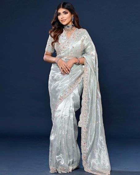 Mint Blue & Gold Dual Tone Sequins Embroidered Tissue Organza Saree