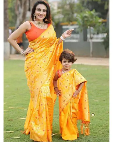 Mother & Daughter Stunning Combo Silk Saree Kanjivaram Indian Wear