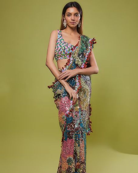 Multi-Colored Georgette Embroidered Saree Set