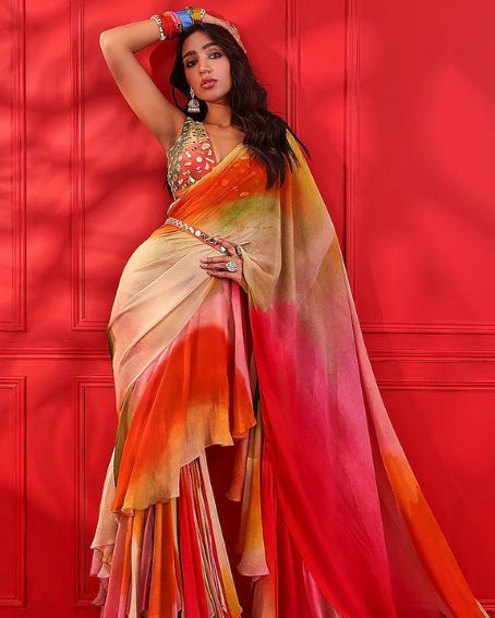 Multi-Colored Georgette Printed Saree Set