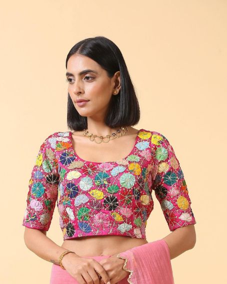 Multicolor Raspberry Blouse with Gajri Saree