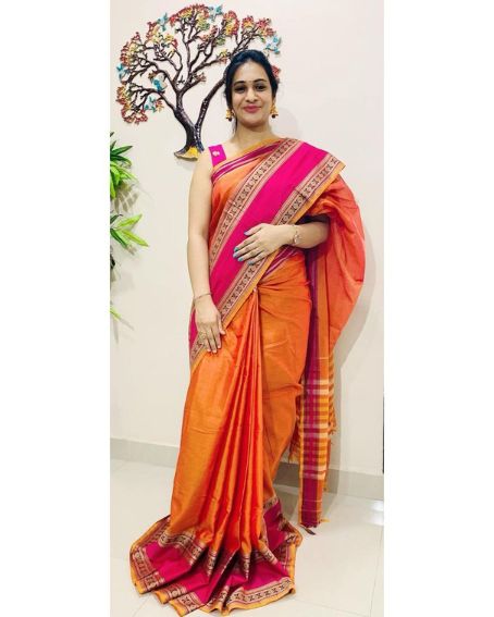 Narayanpet Orange Saree with Pink Sleeveless Blouse