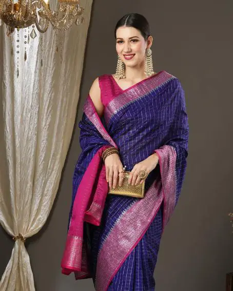 Navy Blue Checked Silk Saree