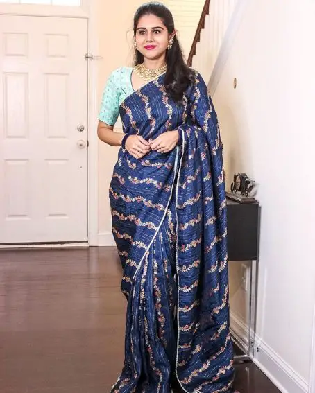Navy Blue Georgette Saree with Pastel Blouse